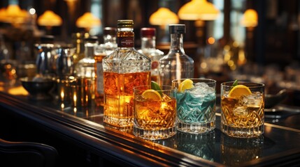 Bar cocktails Old fashioned negroni with orange on counter.Cocktail close up in a bar setting. Blurred people in the background. Selective focus on the icy drink and glass.