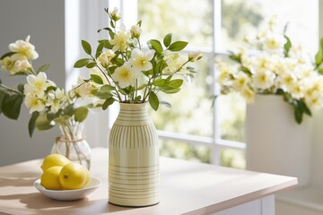 Modern vase, home decor, spring flowers table in bright light room interior, Scandinavian home style © Slanapotam