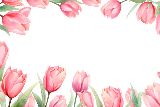 Beautiful Tulip flowers frame on white background. Watercolor illustration background, Generative AI
