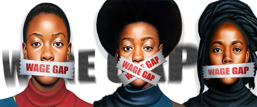 Wage gap silencing Women Of Color. A metaphor showing hostile forces of Wage gap trying to suppress Women's voices depriving them of right to speak. With help of Generative AI