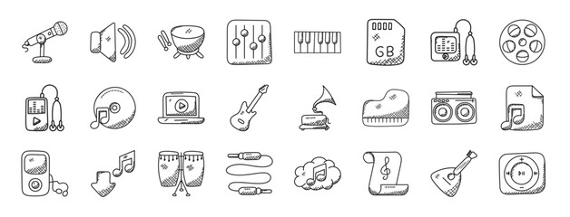 Obraz na płótnie Canvas set of 24 outline web music icons such as microphone, speaker, drumstick, equalizer, piano keyboard, memory card, vector icons for report, presentation, diagram, web design, mobile app