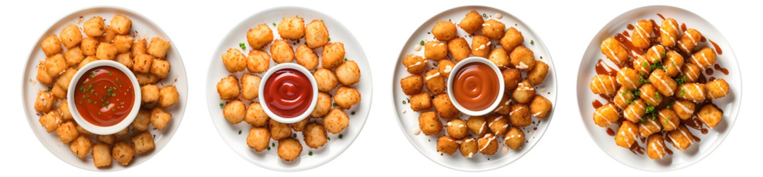 Tater tots on white plate, top view with transparent background, Generative AI Technology