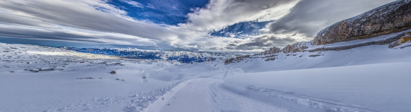 Panoramic image of a ski slope in Ifen ski resort in Kleinwalsertal valley in Austria