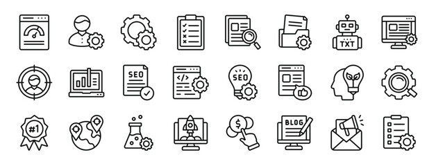 set of 24 outline web seo and website icons such as performance, user, tings, checklist, search, folder management, robot vector icons for report, presentation, diagram, web design, mobile app - obrazy, fototapety, plakaty