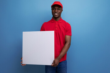 young american man dressed in a baseball cap and t-shirt uniform reporting the news on a poster