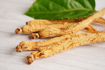 Ginseng roots and green leaf, healthy food.