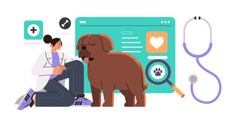 veterinarian doctor with stethoscope checking up dog health medicine pet animal health care concept