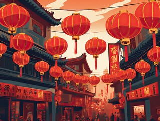 China flag with Chinese lanterns