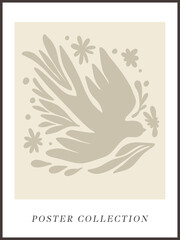 Abstract groovy posters dove of peace in beige tones. Modern trendy Minimal style. Hand drawn design for wallpaper, wall decor, print, postcard, cover, template, banner.