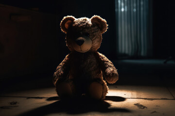 Forgotten teddy bear sitting in the dark abandoned room. Lonely concept. Generative AI