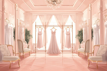 The perfect wedding dress with a full skirt in the room on luxury wedding salon.Generative Ai