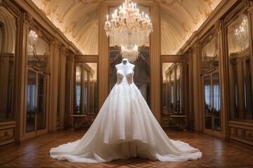 The dream wedding dress with a full skirt in the room on luxury wedding salon.Generative Ai