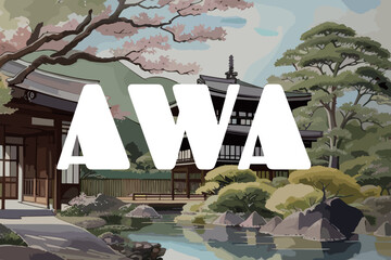 Awa: Painting of a Japanese villa with the name Awa in Tokushima - obrazy, fototapety, plakaty