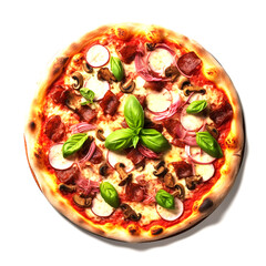 Photo of delicious pizza with basil, leaves, mushrooms and salami on a white background
