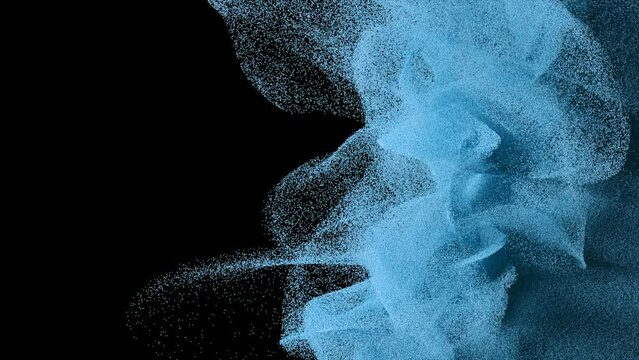 Blue particles fly on a black background. The wind blows away colored sand. Powder. Spray. Texture. 3d animation
