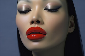 Close up of a female mannequin's face with red lips, Generative AI