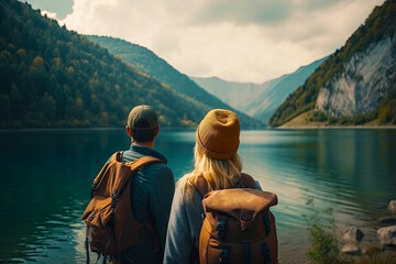 Fototapeta premium Back side of couple on the rock with hiking backpacks looking to beautiful landscape of epic view of mountains and lake. Generated Ai