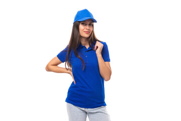 young caucasian brunette woman in blank blue t-shirt and cap