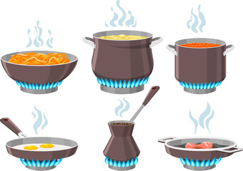 Kitchen utensils on gas stove set