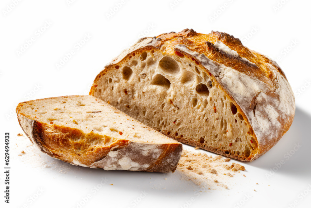 Sticker loaf of bread sitting next to slice of bread on white surface.