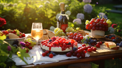 Summer day. In a lush garden, a table is set for dinner. On the table are meat, cheese, berries,...