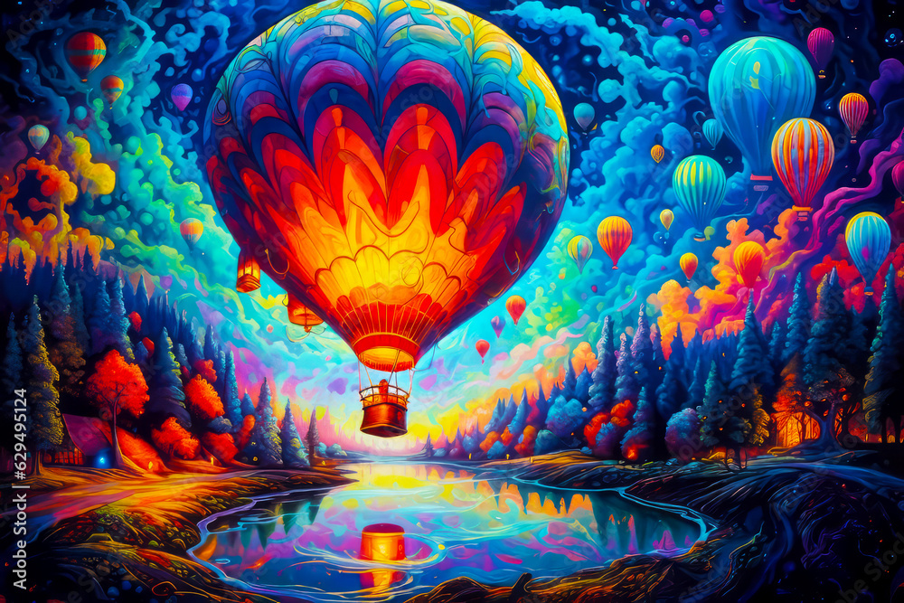 Sticker Image of hot air balloon floating in the sky over lake.