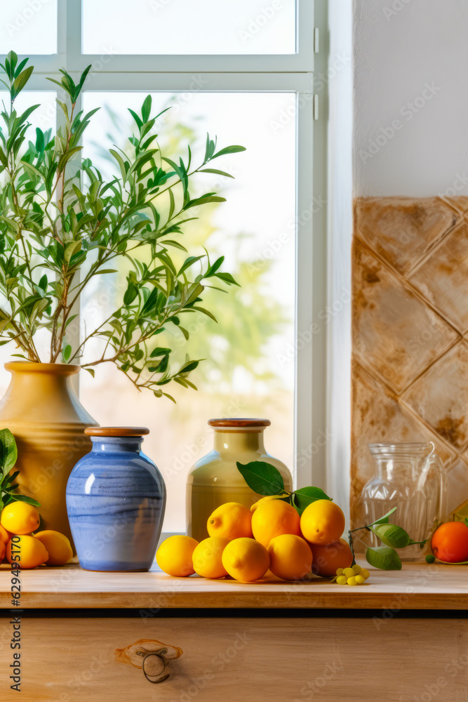 Poster Group of vases sitting on top of counter next to potted plant.