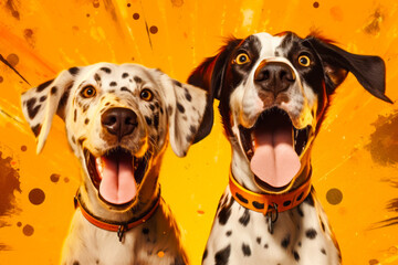 Two dalmatian dogs with their mouths open and their mouths wide open.