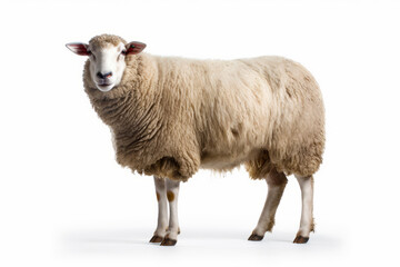 Sheep standing on white background with sad look on its face.
