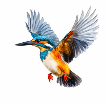 Colorful bird flying through the air with it's wings spread out.