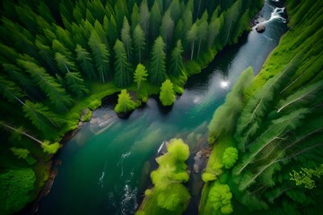 Fototapeta premium Aerial view of fast river in beautiful green spring forest in Finland