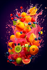 Bunch of fruit falling into the air with splash of water on it.