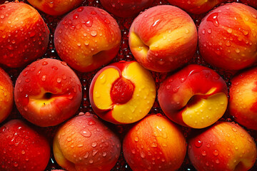 Naklejka na ściany i meble Pile of red and yellow peaches with water droplets on them and one of the peaches has bite taken out of it.