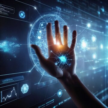 Hand touching a virtual interface of big data. Network connection. Communication. Technology concept. Artificial Intelligence. Futuristic business. Virtual hologram data link. ASI. AGI. Generative AI 