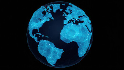 Fototapeta na wymiar 3d World map network connection glowing polygonal triangle neon lines on dark black background. World connection futuristic concept, website landing page template design. Generative AI