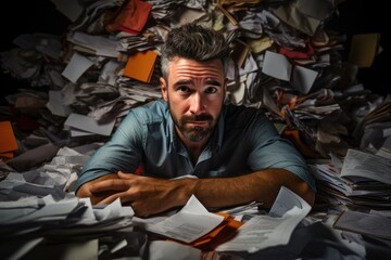 Worried man surrounded by bills and receipts - Debt and financial stress concept - AI Generated