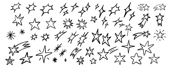 Set of hand drawn vector stars and sparkles, doodle style line art