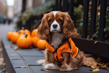 Happy and friendly spaniel dog playing in halloween costume on the city, town street outside. Funny moments dog friendly. Lifestyle. Pumpkins around. Generated Ai