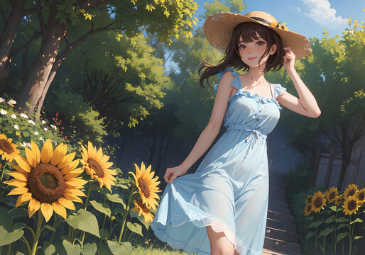 ひまわりと麦わら帽子の少女