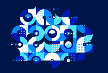 Abstract trendy vector background, modular geometric tiles composition over dark, dotted mosaic with circles and triangles wallpaper.