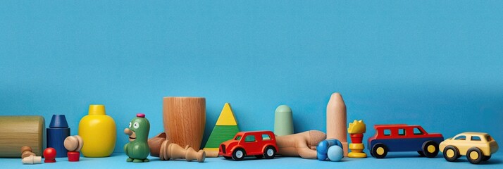 Colorful toys on blue  background, ai generated