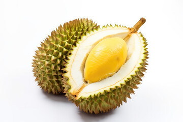 Obraz premium Durian fruit with cut in half isolated on white background. Exotic tropical fruit.