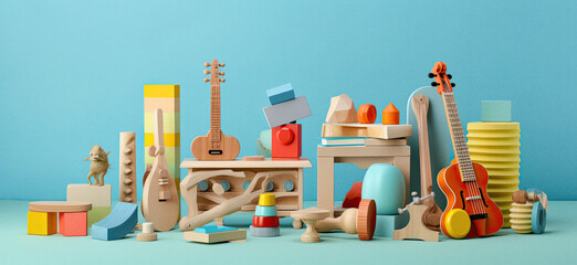 Colorful toys on blue  background, ai generated