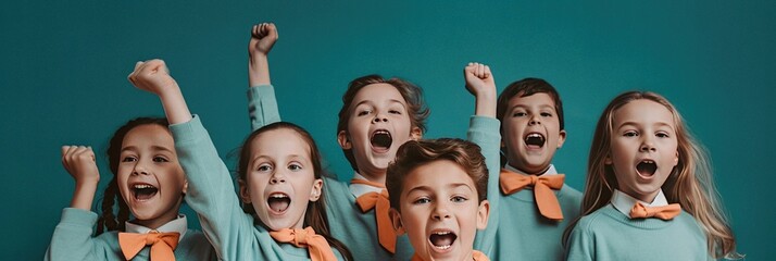 Kids cheering and celebrating on blue background studio, ai generated
