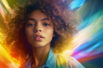 Beautiful young woman with curly hair posing for photo in front of multicolored background.