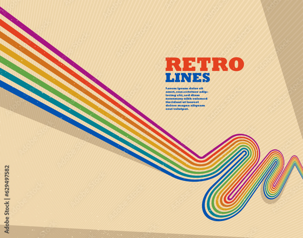 Poster retro style abstract background with curve lines in all colors of rainbow, 3d dimensional seventieth