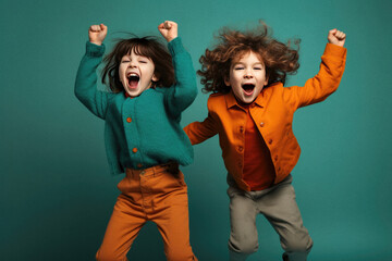 Two happy kids are smiling and laughing on blue background, ai generated