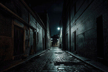 Fototapeta na wymiar Dark creepy alley with cobbled stone street and buildings.