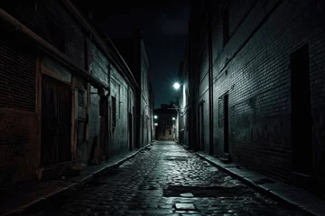 Foto op Plexiglas Dark creepy alley with cobbled stone street and buildings. © Melvillian