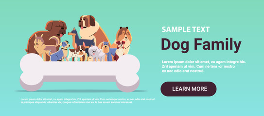 Happy national dog day greeting card various cute doggy posing near bone holiday of domestic animals concept